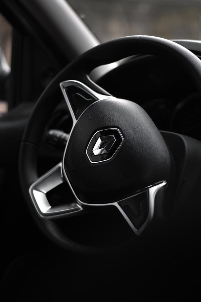 Detailed close-up of a Renault Clio steering wheel showcasing the brand logo.